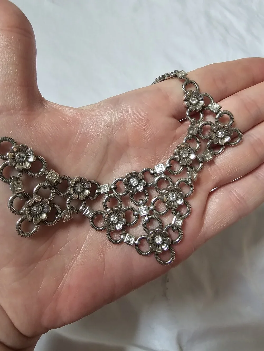 Brighton Joan of Arc Flower Crystal Bib Statement Necklace Silver Tone